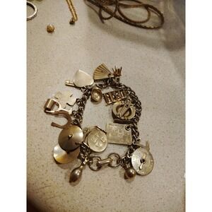 Vtg CORO Signed Mechanical Charm Bracelet Gold Tone 14 Charms Moving Parts 1950s